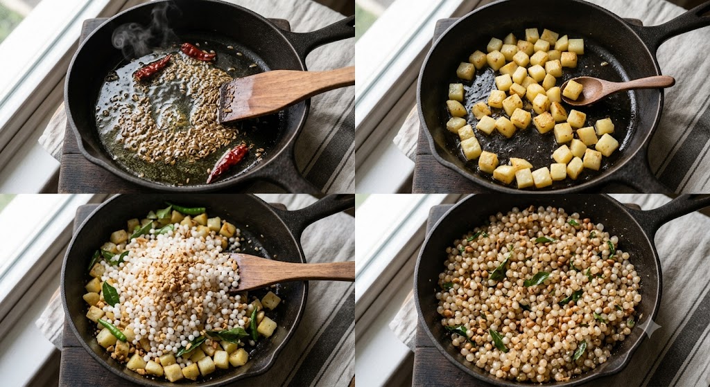 Steps for making sabudana khichdi recipe: tempering, adding potato, cooking sabudana