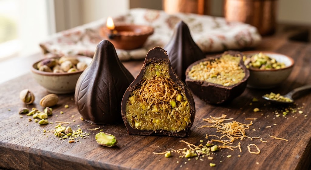 Dubai chocolate modak recipe, cross-section showing pistachio kataifi filling