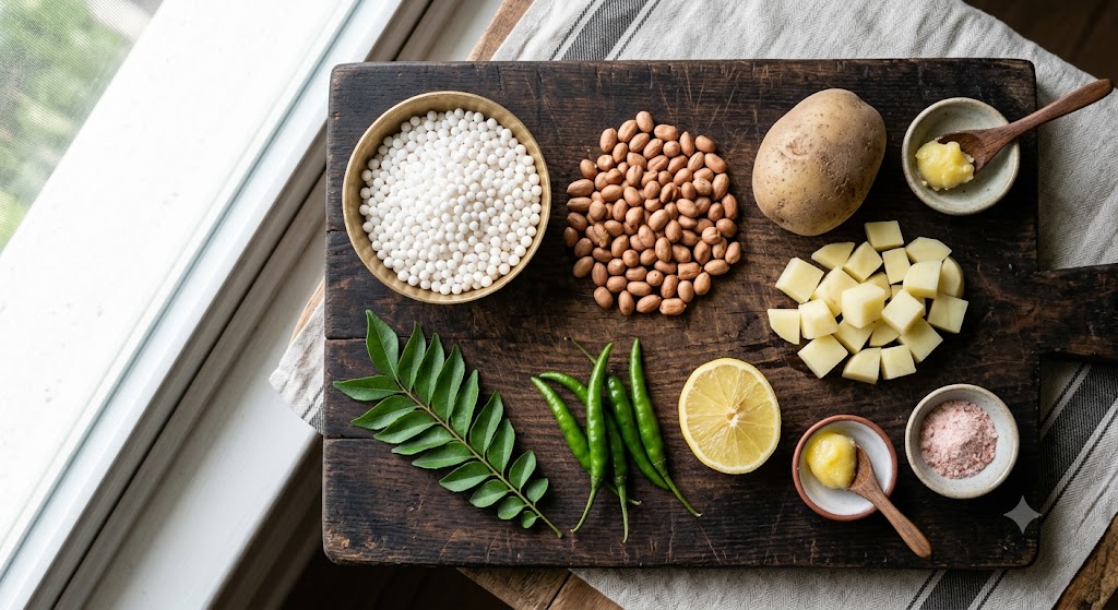 Ingredients for sabudana khichdi recipe laid out on a wooden board