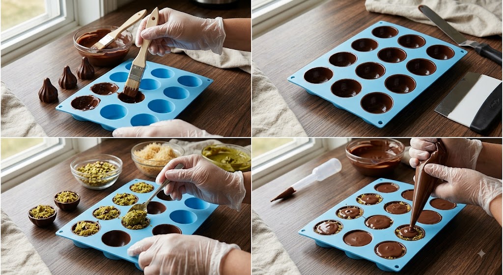 Assembling dubai chocolate modak recipe in silicone mold, chocolate shell and filling