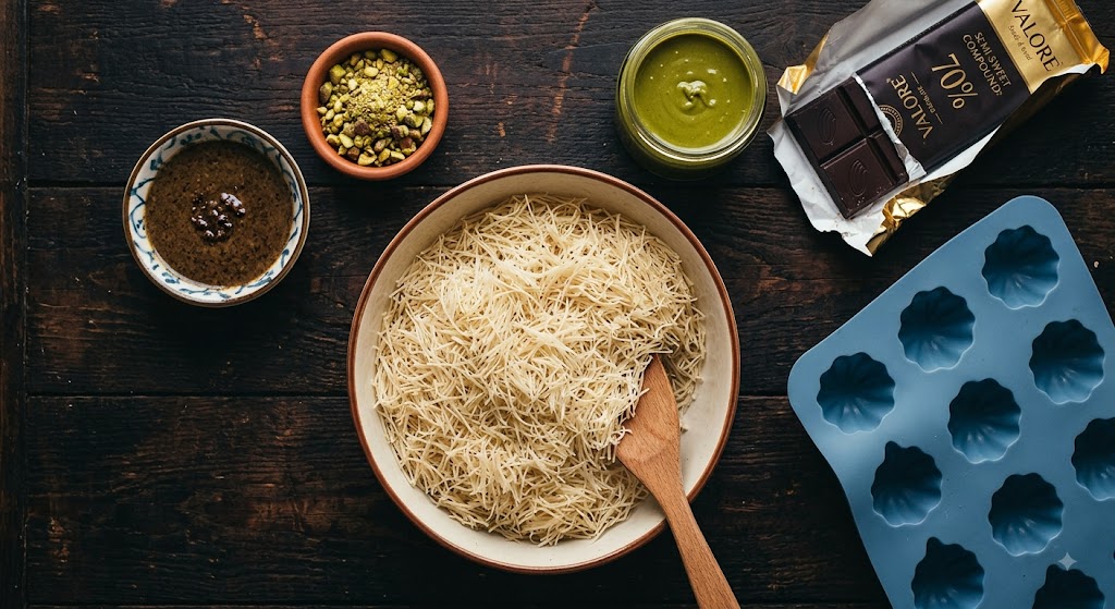 Ingredients for dubai chocolate modak recipe including pistachio paste and kataifi